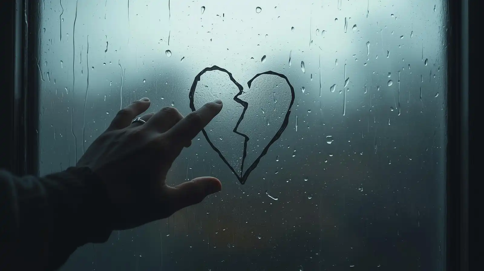 Broken heart on glass showing pain of love and rejection.