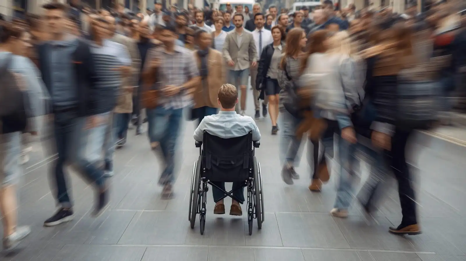 Man in wheelchair watching people walk past, showing how society sees him differently.